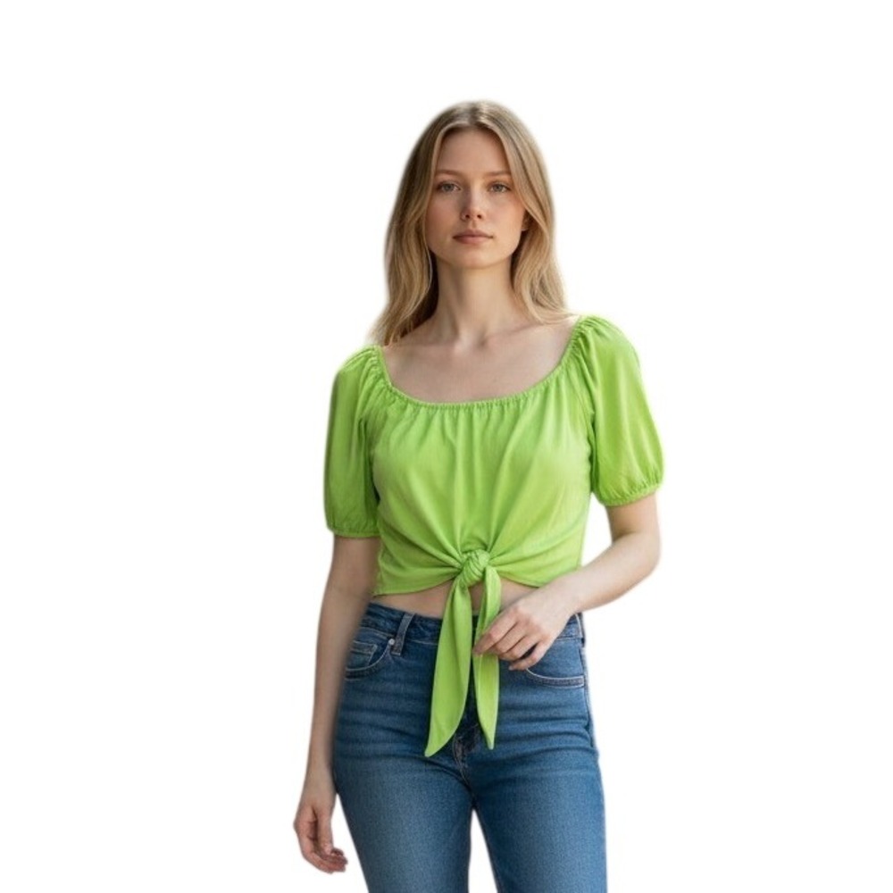 WAYF Women Lime Green Tie Front Puff Sleeve Crop Top Size Medium NEW